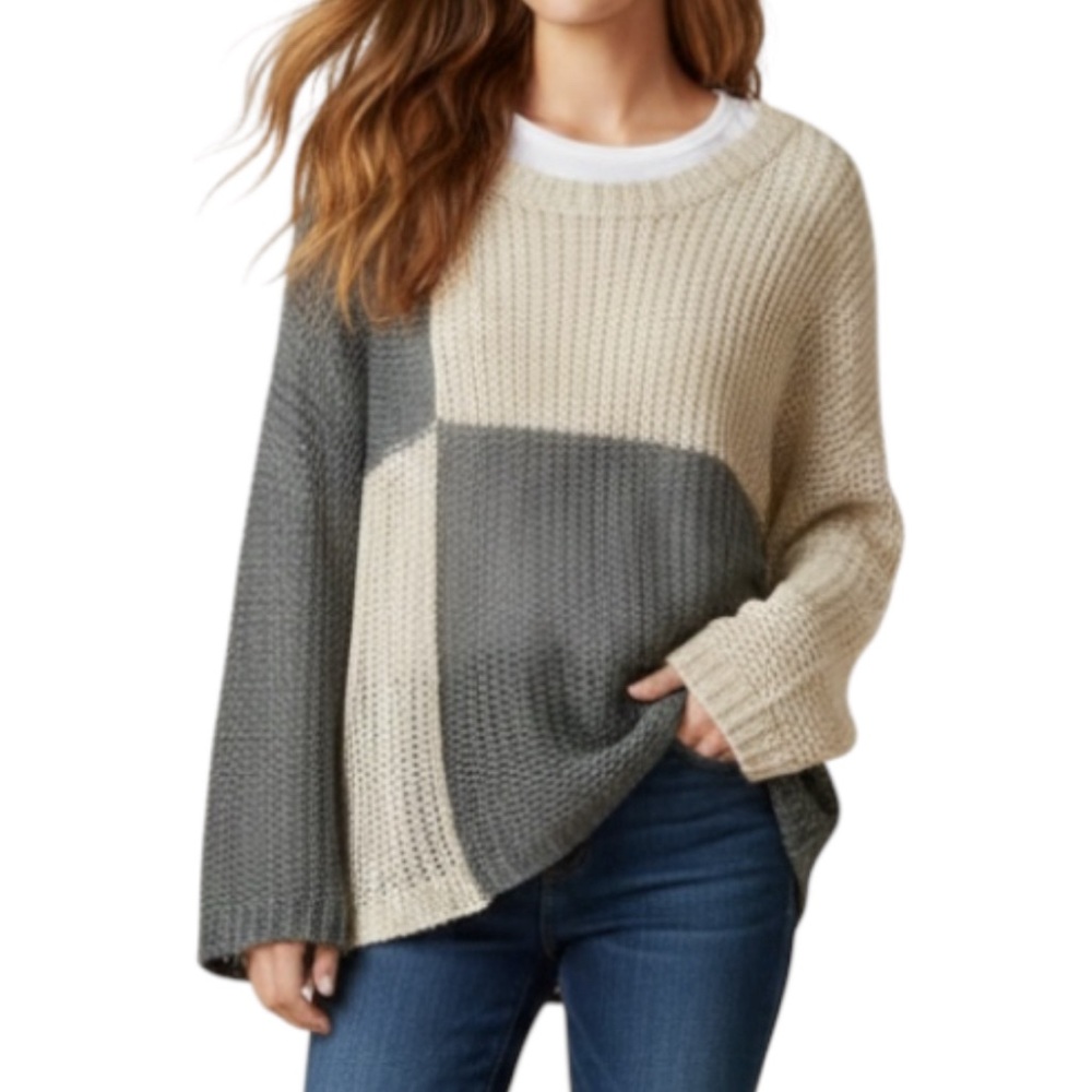 Mystree Medium Gray Cream Colorblock Open Knit Oversized Sweater Pullover